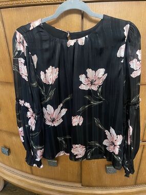 CeCe Black Floral Long-Sleeve Blouse with Pink Flowers